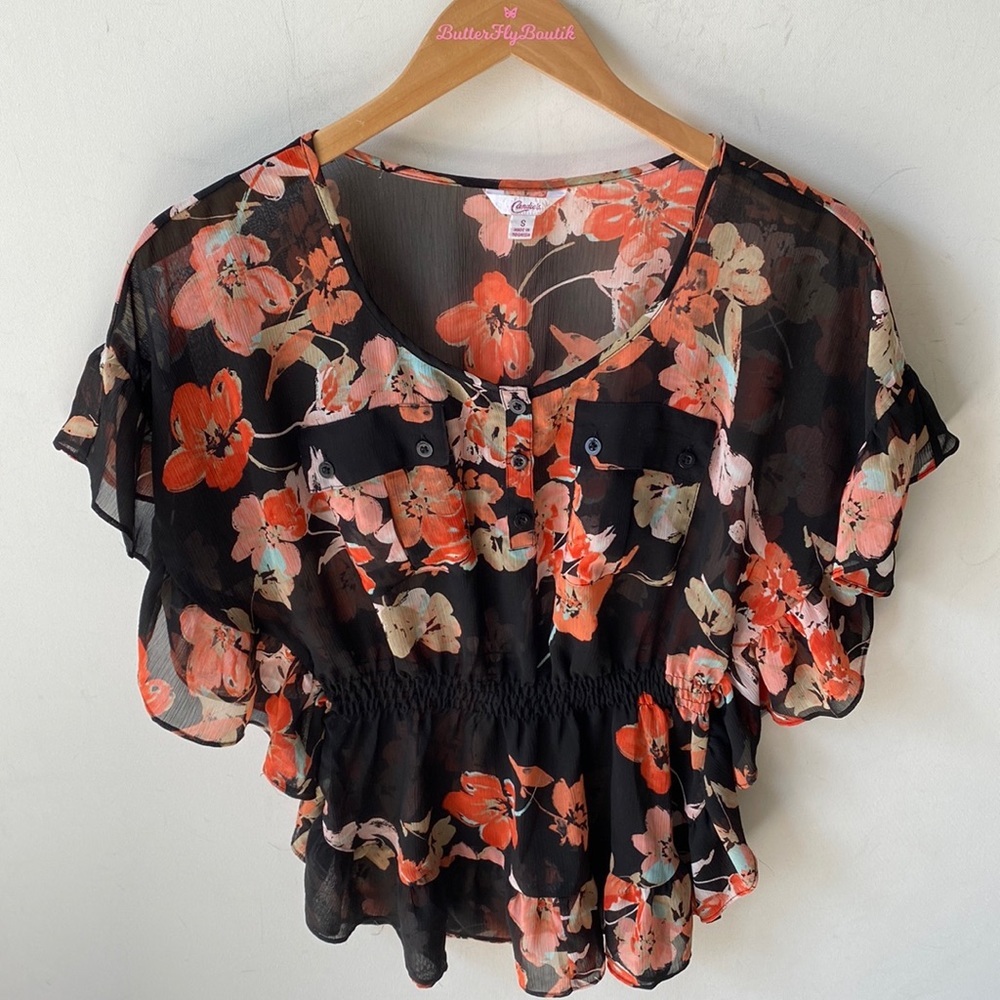Candie's Black Floral Sheer‎ Top, Size S